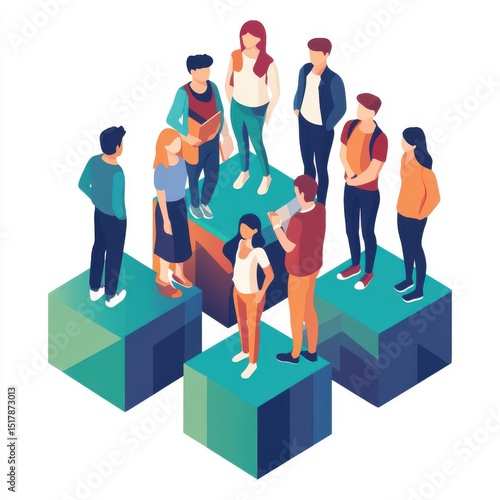 Crowd of people standing on staggered 3D cube platforms in diverse positions.