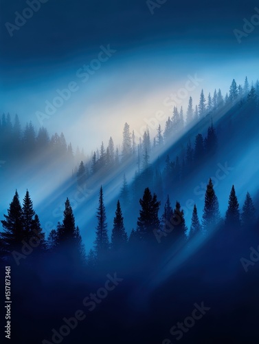 Serene twilight landscape with misty forest silhouettes and soft light rays piercing through