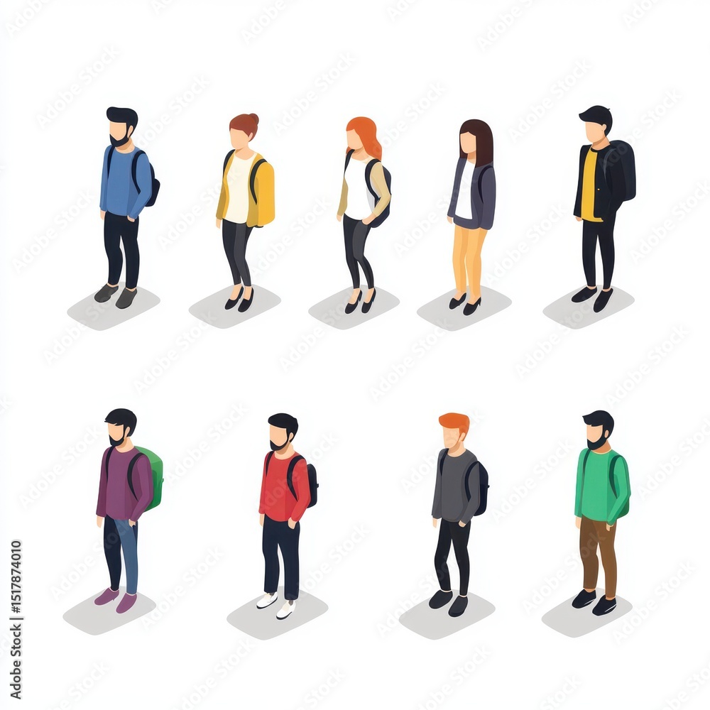 Isometric students with backpacks standing in line wearing casual school attire Isometric students with backpacks standing in line wearing casual school attire