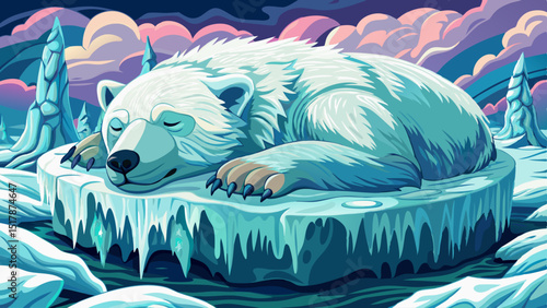 Cute cartoon polar bear peacefully sleeping on an ice floe, surrounded by cold arctic environment in a minimalist vector scene