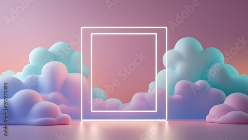 3d rendering, abstract minimalist background of pastel cloud and blank linear square frame glowing with neon light, simple geometric wallpaper