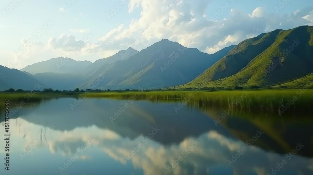 Serene mountain lake reflecting a tranquil sky. Lush green grasslands border the calm water, mirroring the mountains and clouds above Serene mountain lake reflecting a tranquil sky. Lush green grasslands border the calm water, mirroring the mountains and clouds above