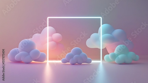 3d rendering, abstract minimalist background of pastel cloud and blank linear square frame glowing with neon light, simple geometric wallpaper