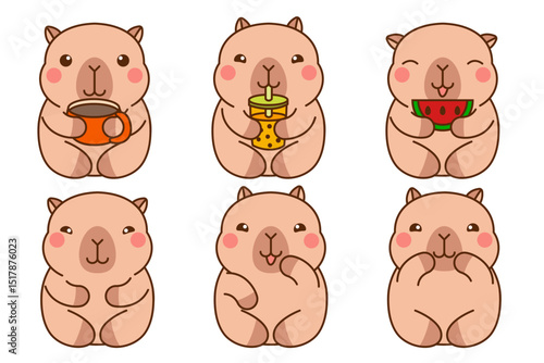 Cute cartoon capybara with bubble tea, watermelon, cup of coffee. Happy kawaii Capibara sticker clipart animal illustration. Wombat kapibara. Stock vector illustration isolated on white background.
