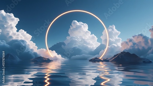 3d render, abstract geometric background, white cloud and glowing neon round frame. Illuminated cumulus. Minimal futuristic seascape with reflection in the water