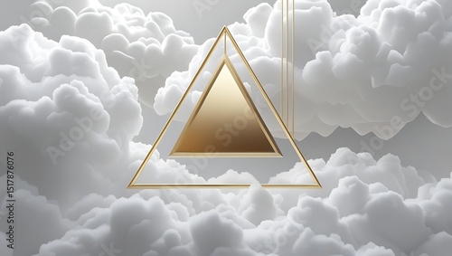 3d render, abstract geometric background of gold linear triangle inside the white cloud, floating mystic vapor, futuristic minimalist wallpaper