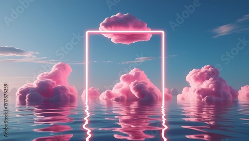 3d render, abstract background with pink cloud levitates inside glowing square neon frame, with reflection in the water. Minimal futuristic seascape