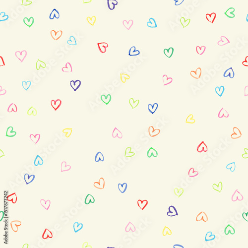 Seamless vector repeating pattern with colorful hearts on light background.