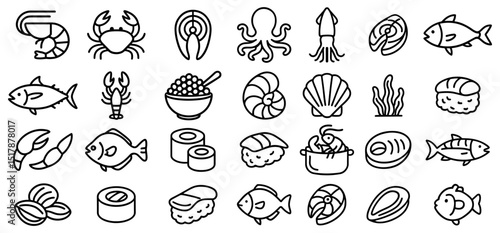 Collection of minimalist line art icons representing various types of seafood and related culinary items
