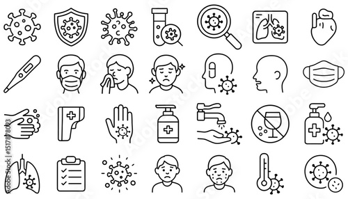 Line art seamless pattern containing symbols of virus outbreak prevention and disease management guidance