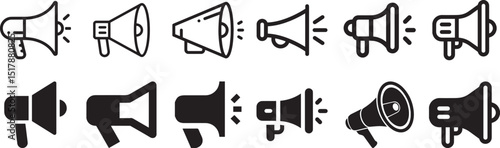 Megaphone Icon Set Flat and Outline Loudspeaker Symbols Collection