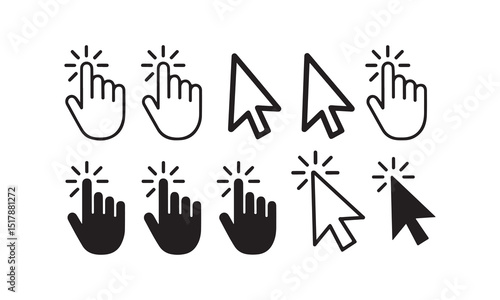 Cursor Click Icon Set – Hand and Pointer Click Line and Solid Style Symbols