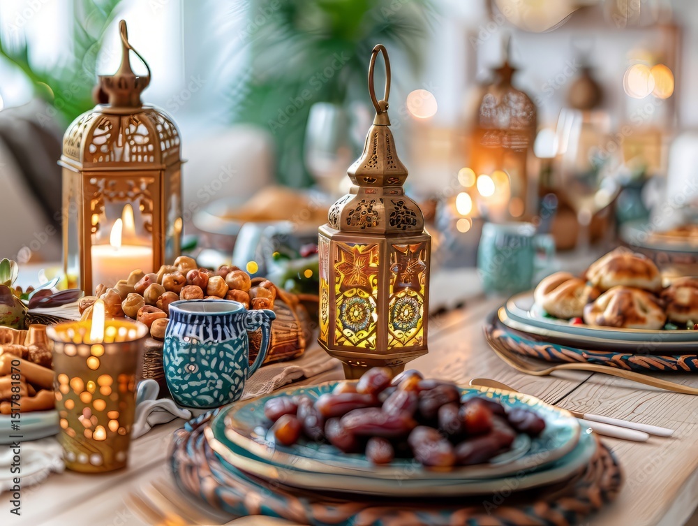 Festive oriental table with lantern and traditional sweets Festive oriental table with lantern and traditional sweets