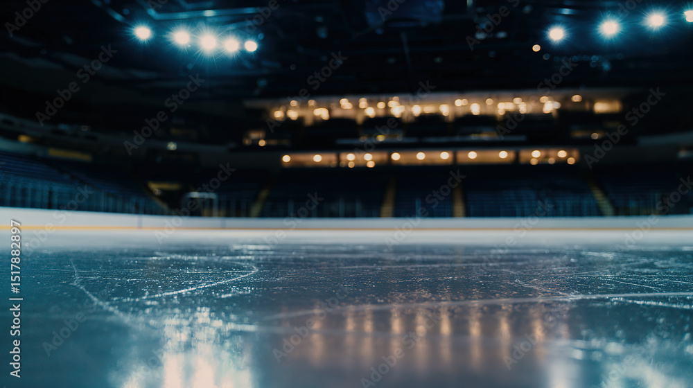 Fototapeta premium Empty hockey arena with gleaming ice, quiet stands. A moment of calm before the storm.
