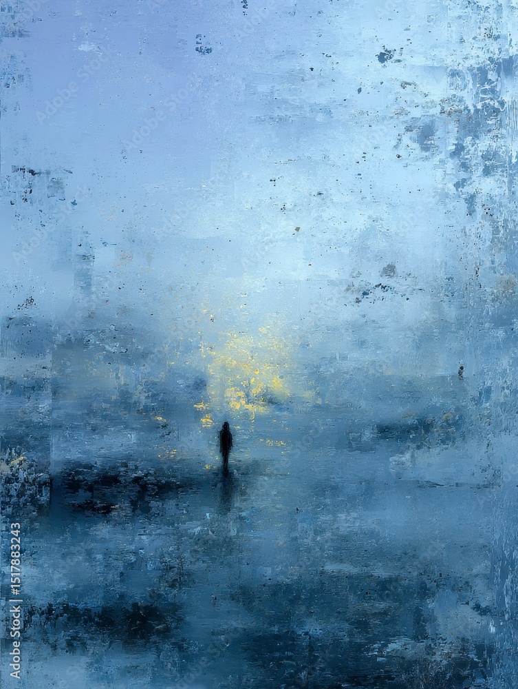 Obraz premium Misty Figure in Calm Blue Landscape