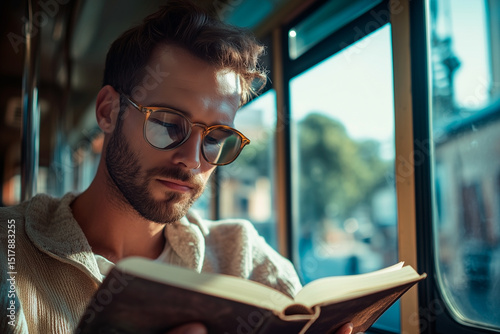 A handsome man thoughtfully reads a book on a tram, it's summer outside