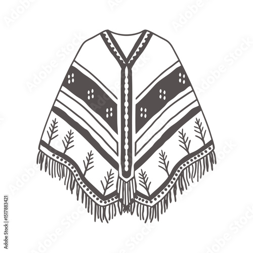 Hand drawn monochrome poncho with fringe and ethnic patterns. National symbol of Mexico. Illustration, sketch.