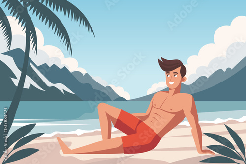 Time to travel. Young man sunbathing on the beach. Summer time, vacation concept. Travel illustration.