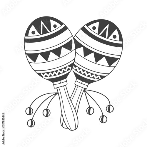 Pair of detailed hand drawn monochrome maracas with ethnic patterns. National symbol of Mexico. Illustration, sketch.
