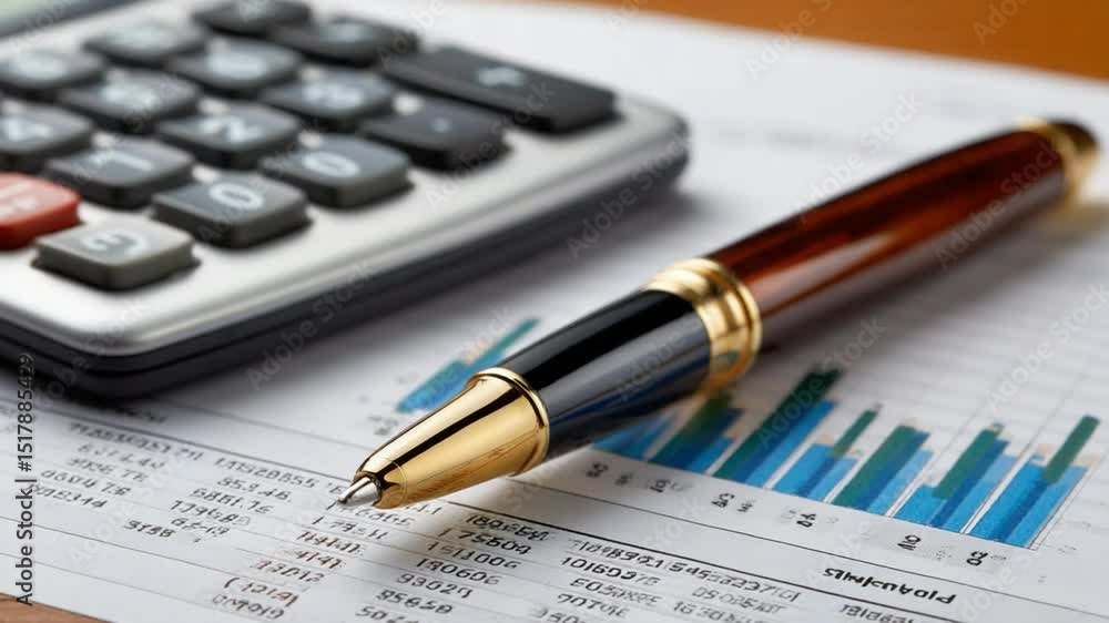 Accounting Essentials: The pen rests thoughtfully atop financial data with a calculator. A detailed shot of analytical tools Accounting Essentials: The pen rests thoughtfully atop financial data with a calculator. A detailed shot of analytical tools