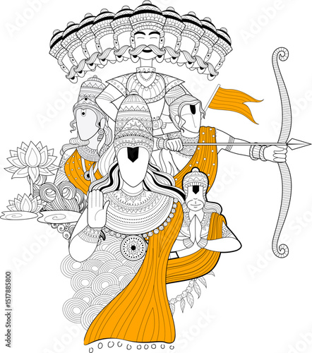 Lord Ram, Sita, Laxmana, Hanuman and Ravana in Dussehra Navratri festival of India poster