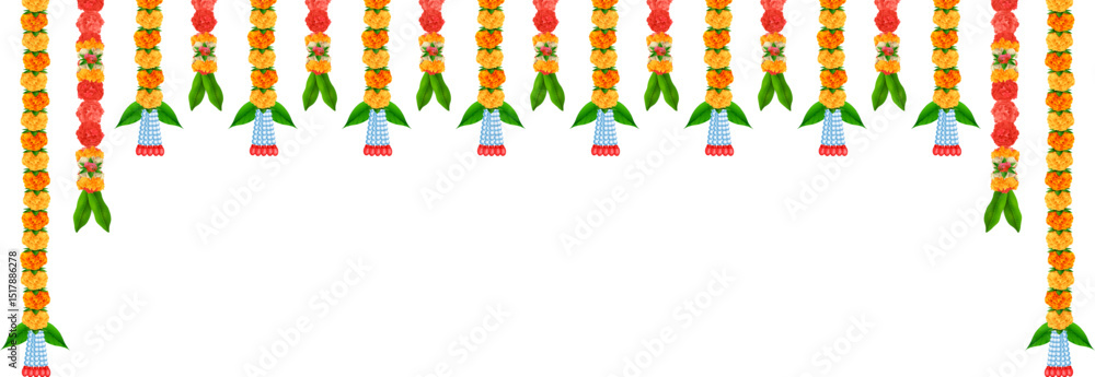 Fototapeta premium Flower garland decoration toran for Happy Diwali, Dussehra Wedding Invitation Indian Holiday festival background template for banner