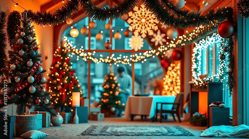 Fototapeta premium Cozy christmas room decor with decorated trees and gifts