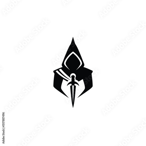 Mysterious hooded figure with dagger logo design