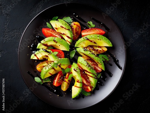 Top view of avocado and tomato plate next to balsamic vinegar sauce on black background. High-resolution, minimalist composition with professional color grading and sharp focus.