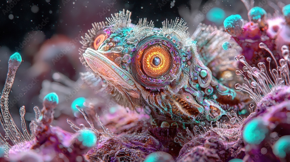 A vibrant, fantastical creature with a large, striking eye and intricate patterns, set against a backdrop of other fantastical creatures and plants. A vibrant, fantastical creature with a large, striking eye and intricate patterns, set against a backdrop of other fantastical creatures and plants.
