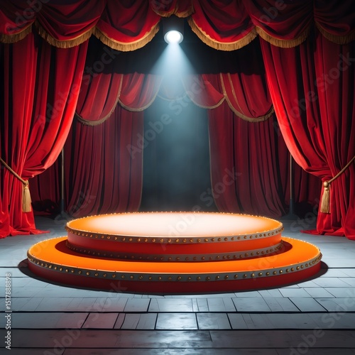 Layered Circus Stage with Red Curtains and Overhead Spotlight