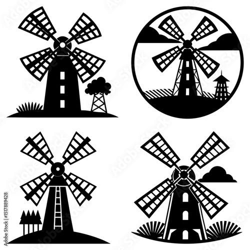 Silhouette illustrations of windmills with various landscape and circular frame designs shown