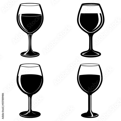 Four wine glasses filled with dark liquid arranged in a square format on a white background scene