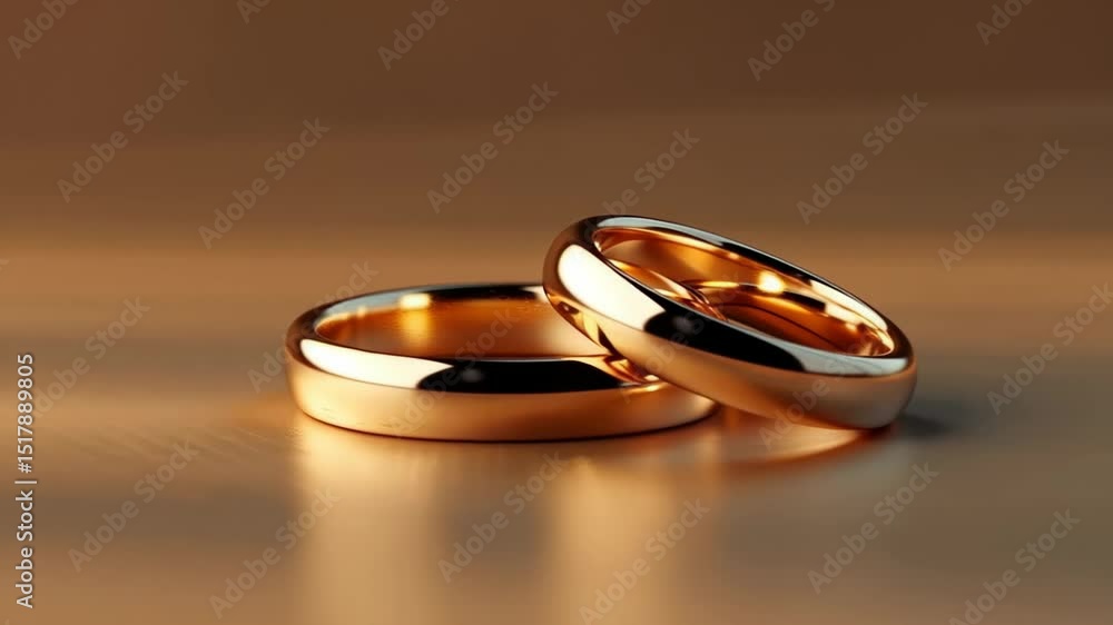 Golden wedding bands on reflective surface with soft light