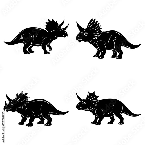 Four triceratops dinosaurs in black silhouette on a white background in various poses and orientations