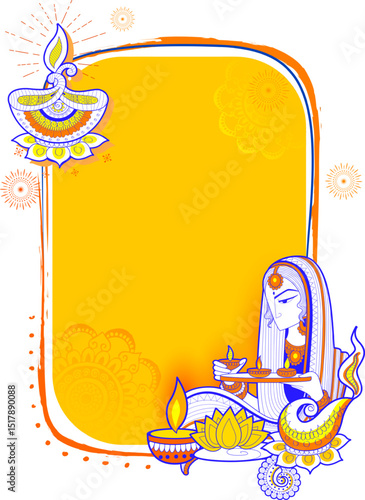Lady burning diya on Happy Diwal Holiday background for light festival of India