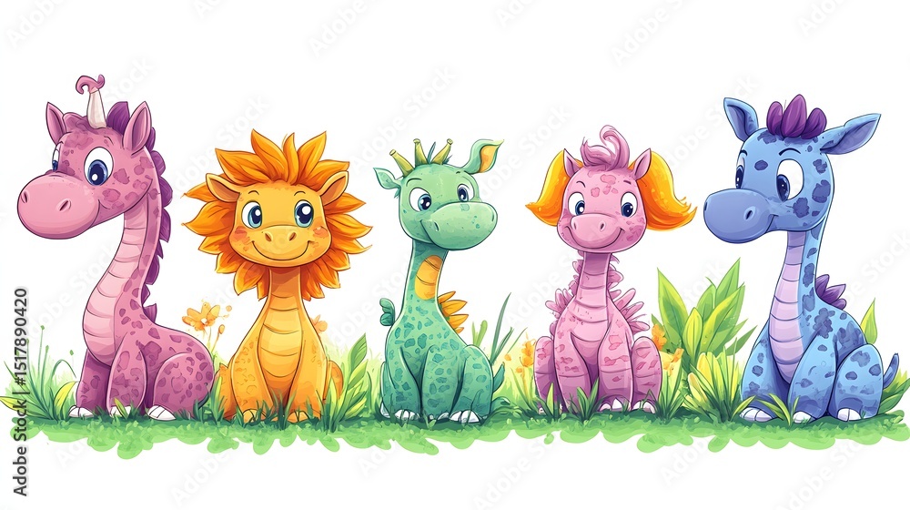 Obraz premium Colorful, cartoon animal illustrations of friendly creatures.