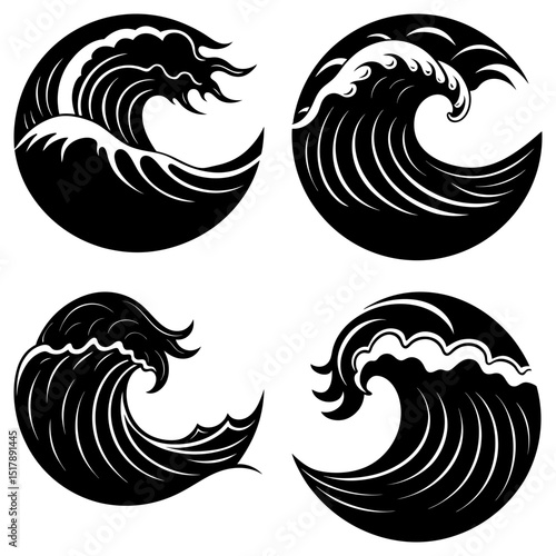 Four circular wave illustrations in black and white showcasing ocean waves and water patterns artfully