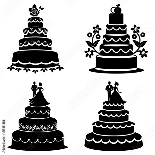 Four different wedding cakes in black silhouette with various decorations and toppers displayed together nicely