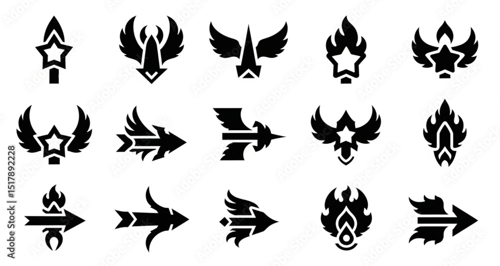 Naklejka premium Set of Black Geometric Vector Icons | Star, Wings, Arrows, and Fire Emblems for Badges, Gaming, and Logo Design