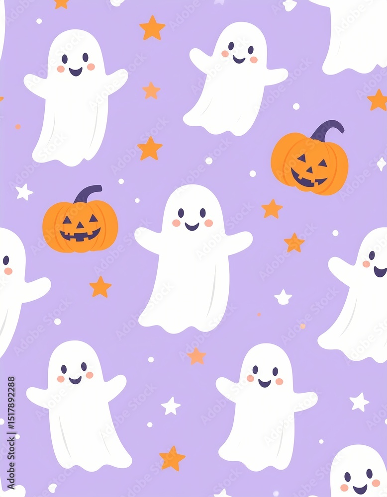 Cute ghosts and pumpkins Halloween pattern. Spooky and fun design perfect for kids. Cute Halloween vertical background with cartoon ghosts, pumpkins, candy, and stars, pastel orange and purple palette Cute ghosts and pumpkins Halloween pattern. Spooky and fun design perfect for kids. Cute Halloween vertical background with cartoon ghosts, pumpkins, candy, and stars, pastel orange and purple palette
