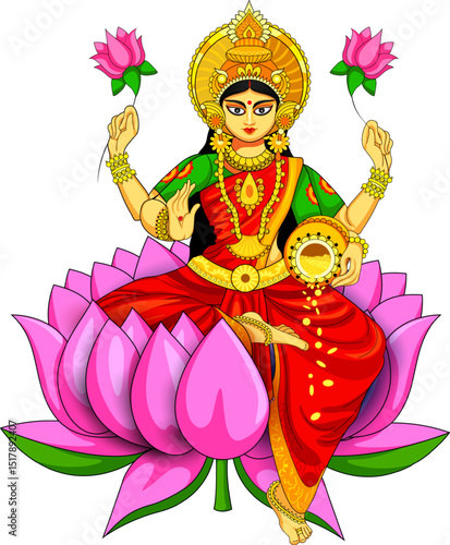 Goddess Lakshmi on Diwali Holiday background for light festival of India with message in hindi meaning Happy Dhanteras