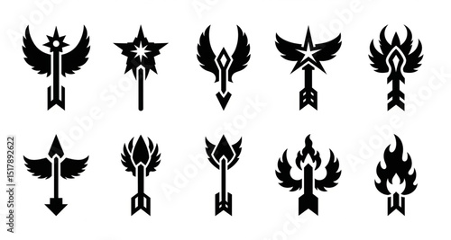 Set of Phoenix Symbols, Black Silhouette Icons on White Background | Abstract Bird and Arrow Designs for Branding, Logo, and Tattoo Art