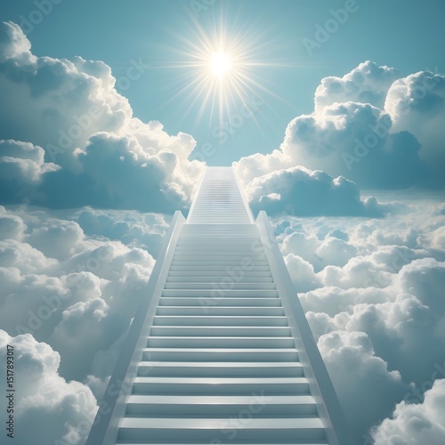 Majestic Stairway to Heaven Amongst Fluffy Clouds and Shining Sun
