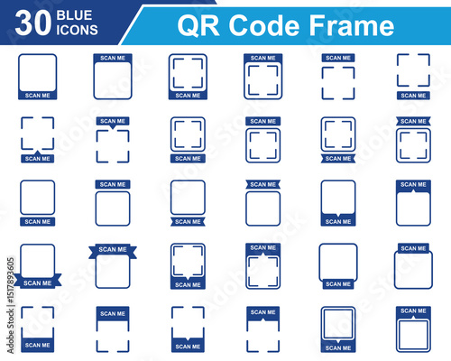 QR Code Frame Icon Set Collection. Containing QR Code Frame, Scan Me, Frame, QR. Simple Blue Vector Illustration.