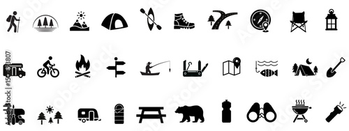 New Camping, outdoor adventure icon set. Vector glyph pictograms of eco-tourism ,wilderness exploration black silhouette, tent, backpack, campfire, compass, kayak, hiking, travel vectors  illustration