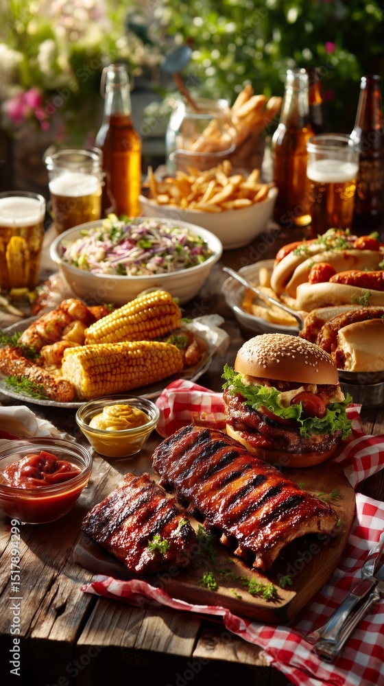 Fototapeta premium A classic American backyard feast with BBQ ribs, burgers, corn on the cob and hot dogs.