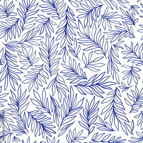 Indigo Blue Flowing Leaves Tropical Outline Vector Exotic Seamless Pattern Repeat for Summer Wallpaper, Traditional Fabric Textile Design. Contour Drawing Botanical Drawing Art Print