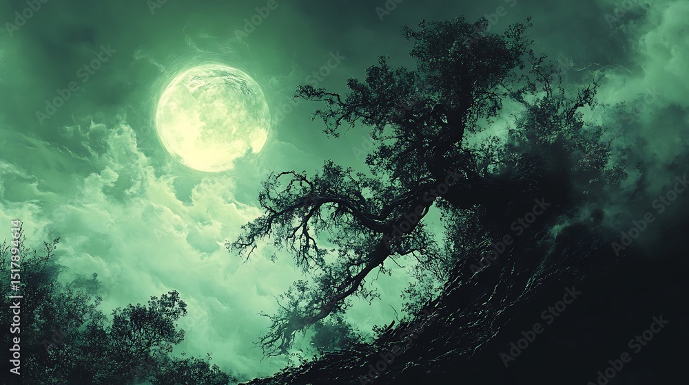 Fototapeta premium Dramatic moonlight landscape with eerie green sky and gnarled tree silhouette