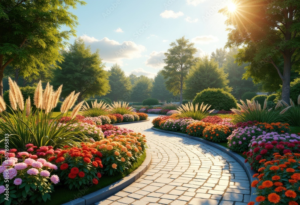 Obraz premium vibrant flower beds colorful plants modern paver pathways garden landscape, blossom, petal, flora, vegetation, tulip, rose, daisy, sunflower, perennial